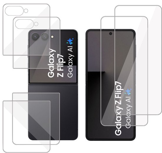 Twee screenprotectors, één voor het opvouwbare scherm en één voor het buitenscherm van de Samsung Galaxy Z Flip 7.