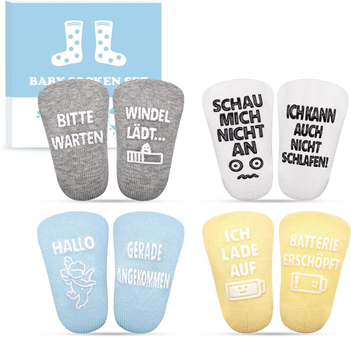Schattige baby sokken voor 0-12 maanden, perfect als kraamcadeau of babyshower geschenk, unisex design in grijs, wit, blauw en geel