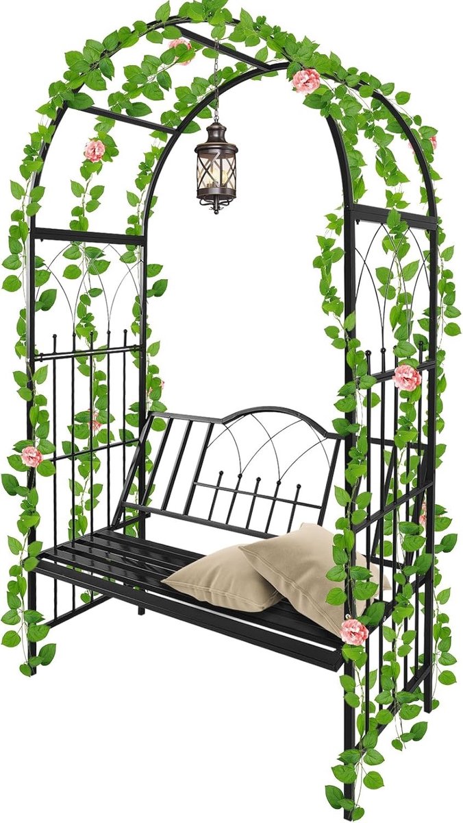 Hoogwaardig tuinpaviljoen met zitting voor klimplanten, 2-zits boog voor rozen en bloemen, stevige metalen tuinstructuur voor buitengebruik en ondersteuning van klimplanten