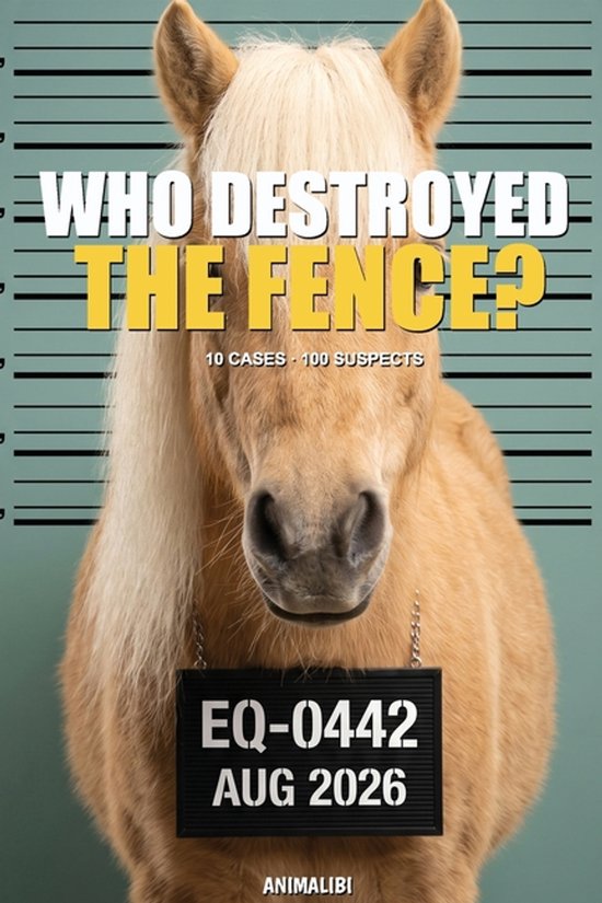 Een paard met een lichtblonde manen en een bruine vacht draagt een bordje met 'EQ-0442 AUG 2026'. Tekst: 'WHO DESTROYED THE FENCE?'