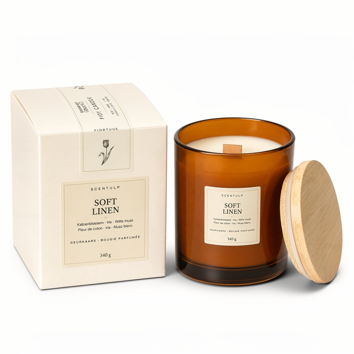Scentulp Geurkaars Soft Linen - Sojawas - Houten Lont - 340 g Bruin