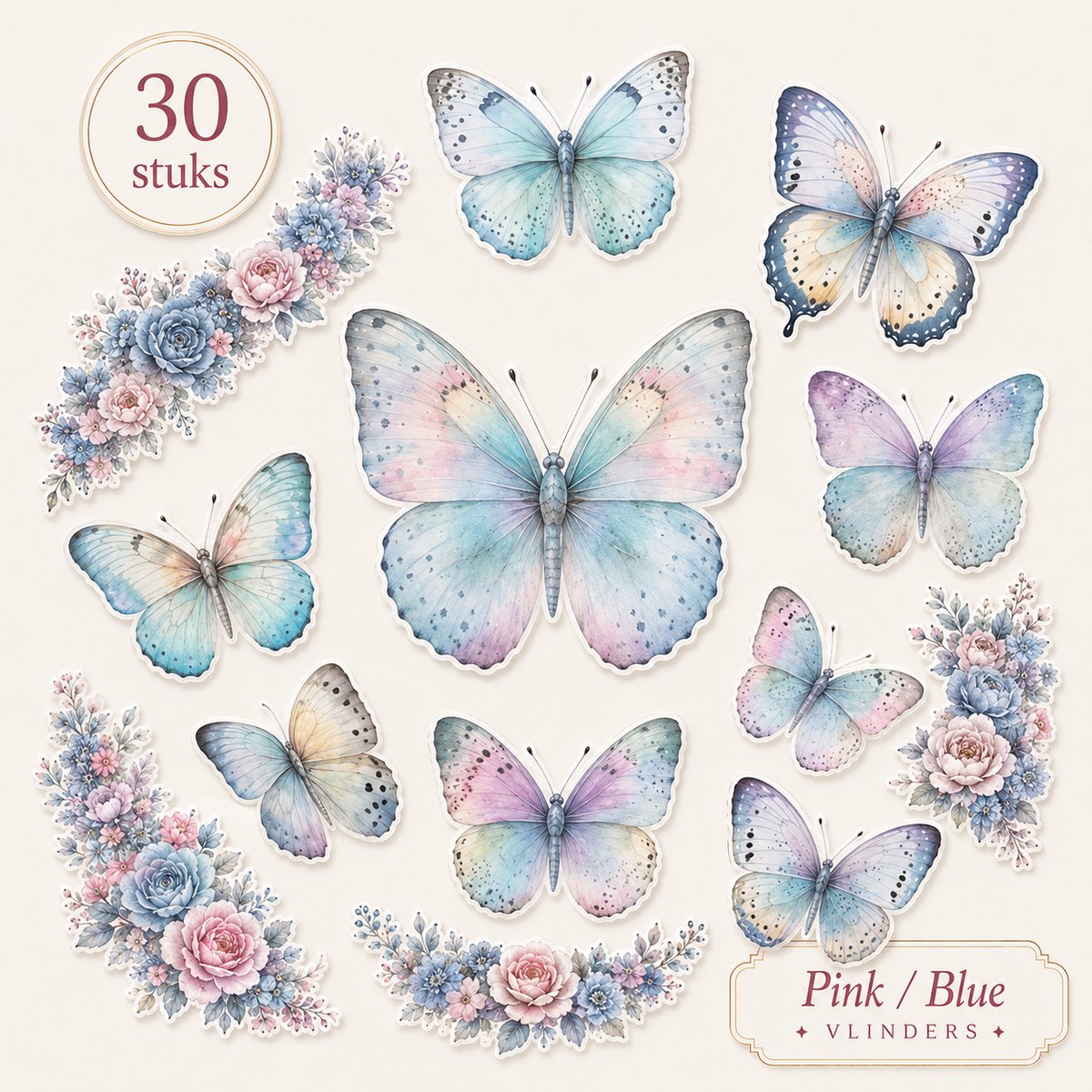 Pastel Vlinders stickers - Lichtblauw roze - Journaling 30 stuks