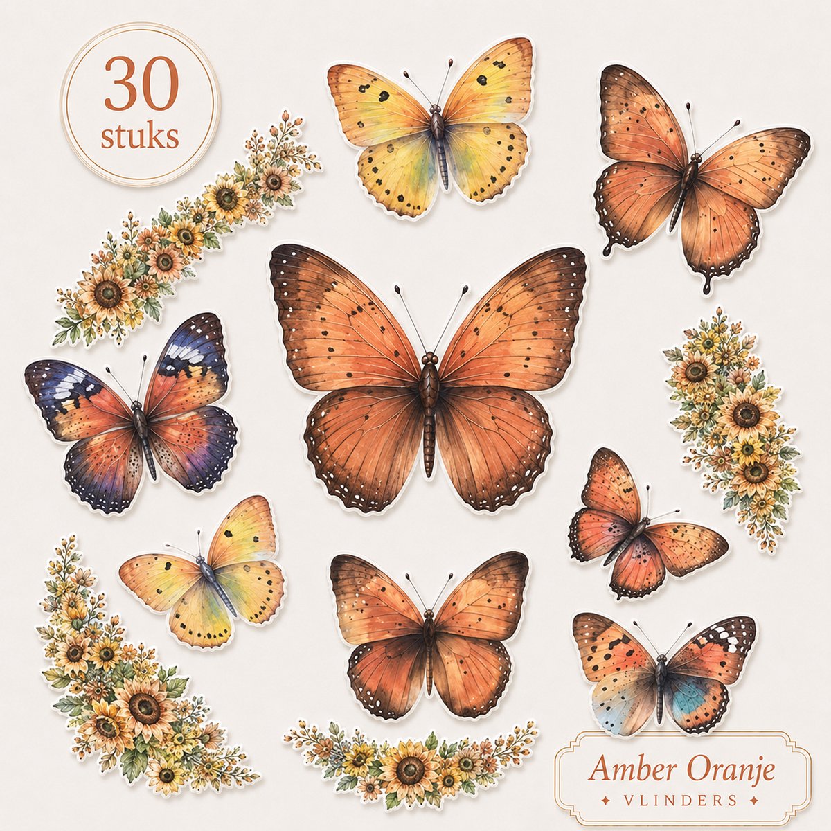 Amber Oranje Vlinders stickers - 30 stuks zonnebloem - Journaling