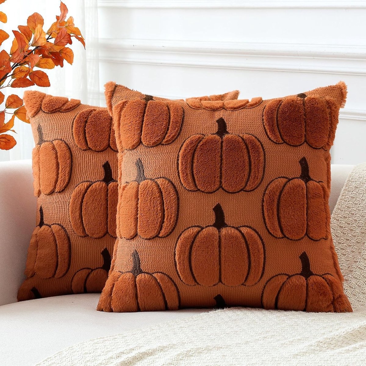 Decoratieve pompoen kussenslopen van fluweel en wol, zachte herfstkussens voor bank en slaapkamer, 50 x 50 cm, 2 stuks, luxe donkeroranje met rand