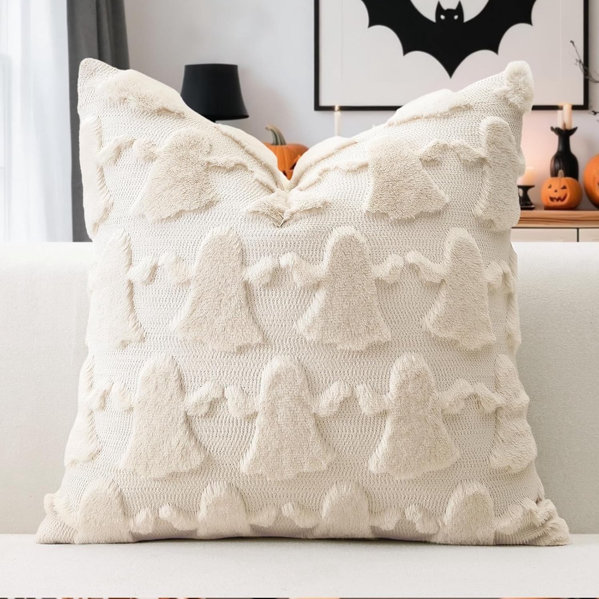 Halloween Korte Wol Velours Kussenhoezen - Zachte Decoratieve Herfst Kussens voor Sofa en Slaapkamer - Luxe Stijl Spirit Beige 50x50cm