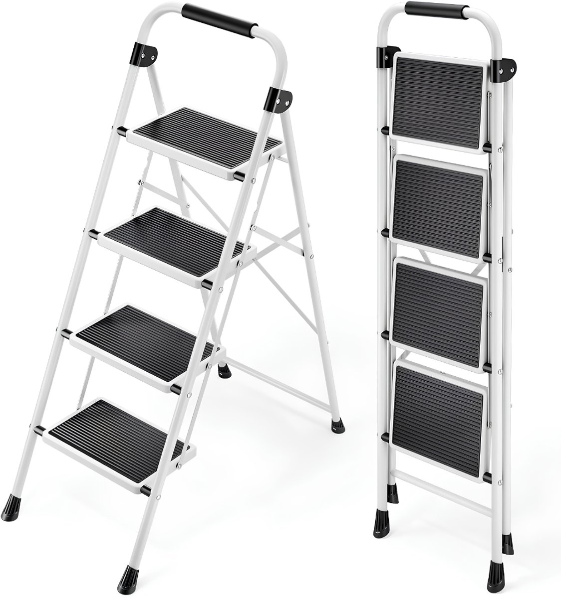 JCP® Huishoudtrap 4 Treden - Ladder - Huishoudtrap - Wit en Zwart - 81cm x 41cm x 112cm