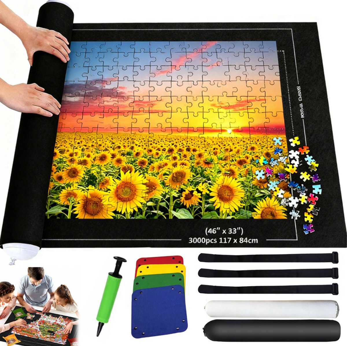 Puzzelmat - 3000 stukjes – Inclusief luchtpomp en klittenband - 140 x 100 cm - Puzzelopbergmat - Viltpuzzelmat - Eenvoudig in gebruik – Verpakt in een geschenkdoos – Zwart