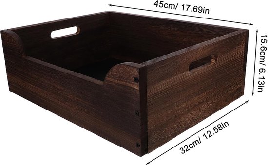 Donkerhouten krat met handvatten, 45x32x15,6 cm, met afmetingen aangegeven.