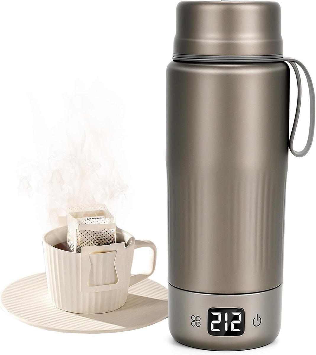 Grijze Reiskoker Van Zuiver Titanium - Dubbele Spanning 110V-240V - 380ml - 12 Temperatuurstanden - Automatische Uitschakeling En Droogkookbeveiliging - Compacte Waterkoker Voor Thee En Koffie Op Reis