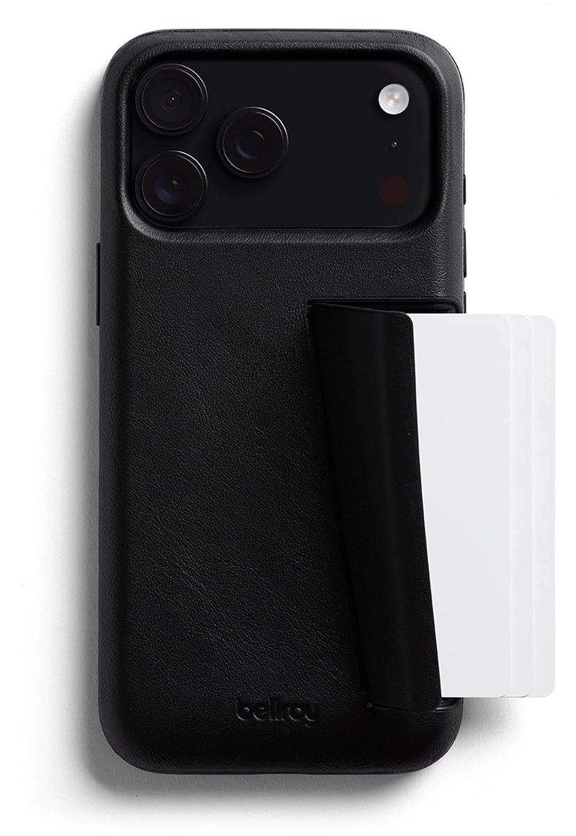 Bellroy 3 Card Portemonnee Hoesje iPhone 17 Pro Max – Opslag voor 3 Kaarten – Telefoonstandaard Functie – Gemaakt van Premium Leer en Schokabsorberend Polymeer - Zwart