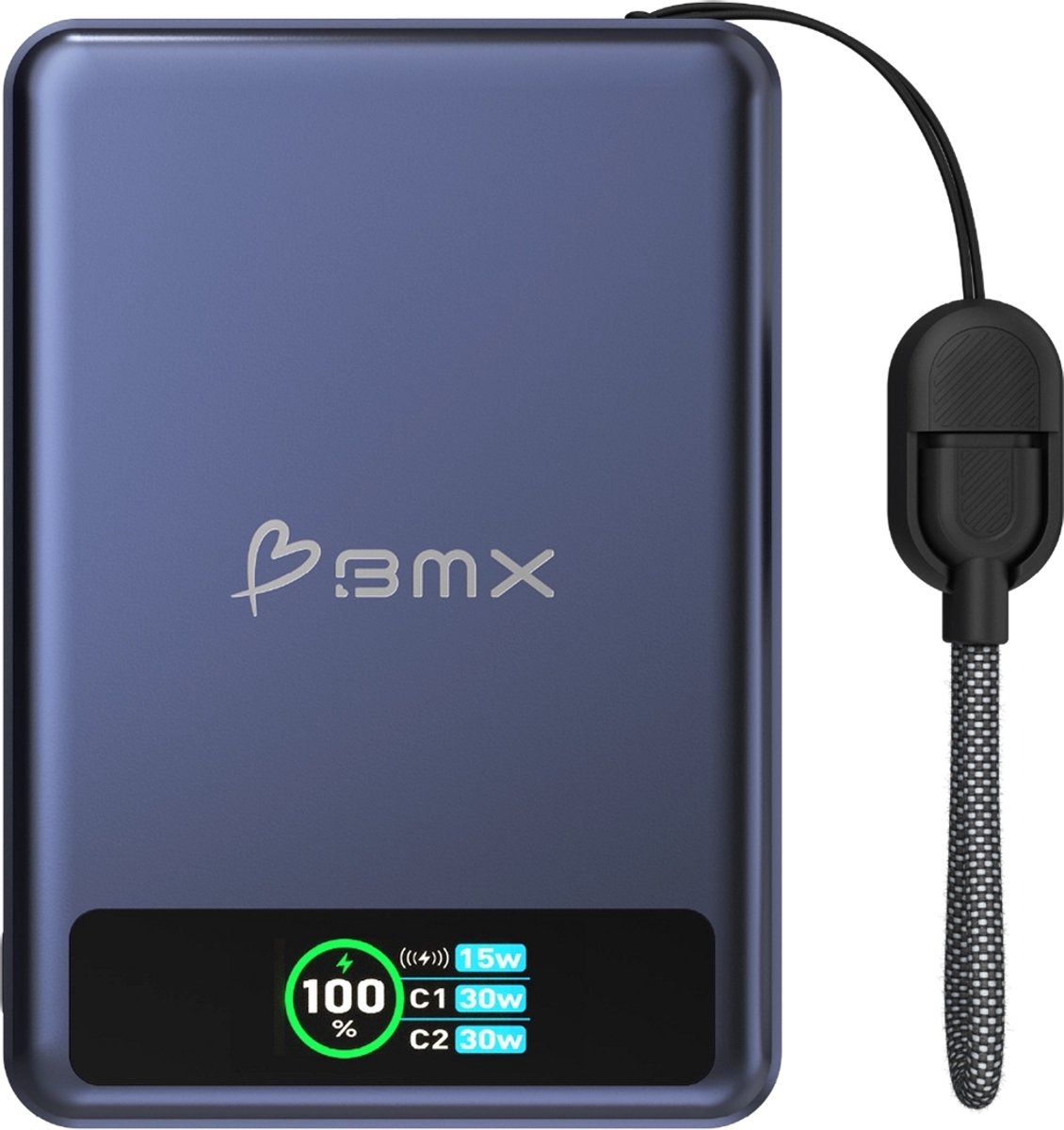 BMX SolidSafe Solid-State Qi2 Magnetische Powerbank – Draadloos opladen 15W – USB-C uitgang 30W – Compact en Duurzaam Ontwerp - Blauw