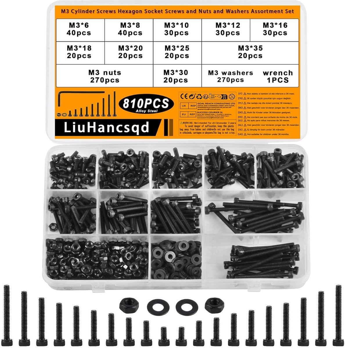 810-Piece M3 Screw Set, Thread Screws, Nuts and Washer Set, Cylinder Screws with Hex Socket Screws with Nut Set, Hex - ShopVlot