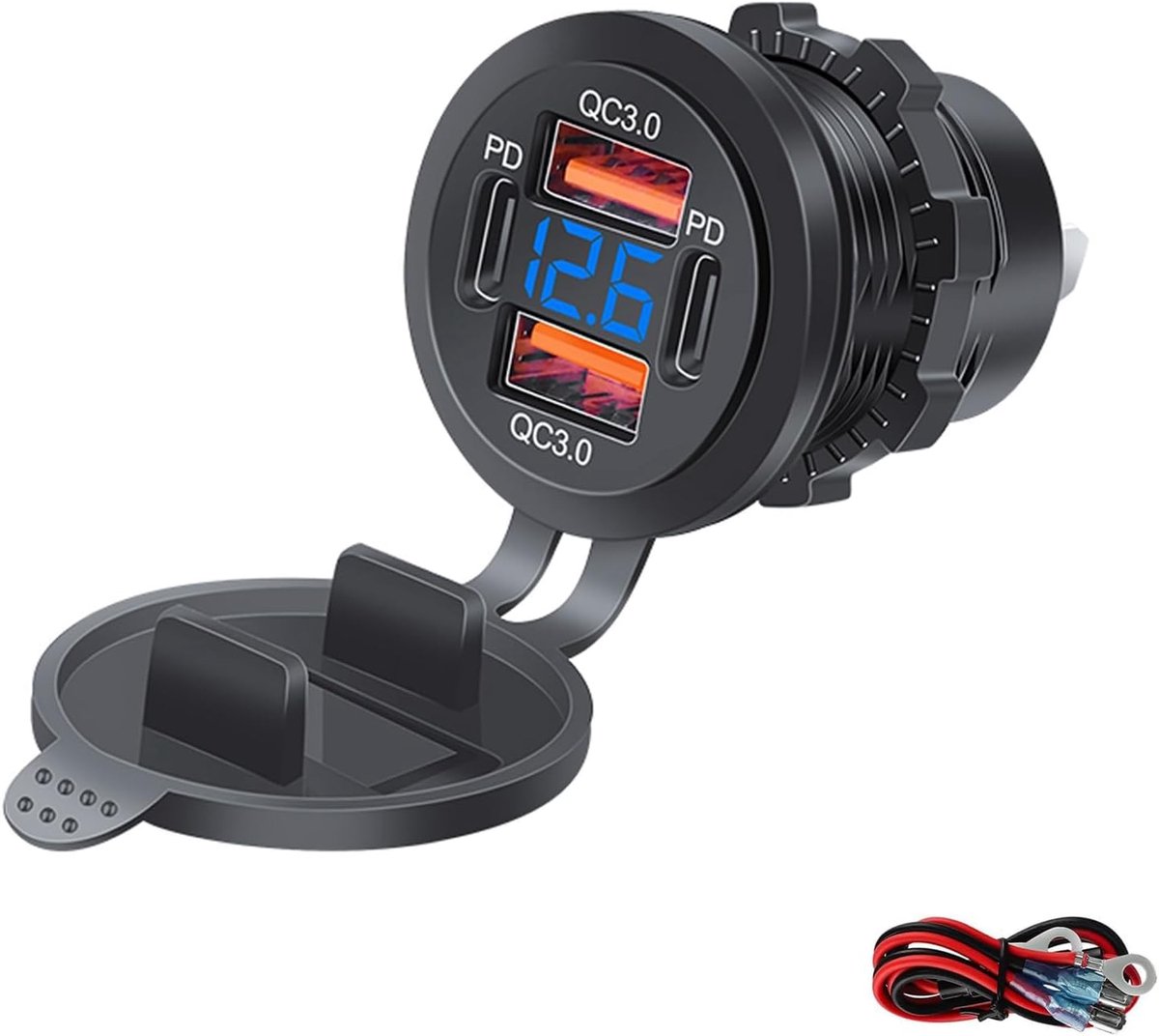 12V USB connector 78W - 4 poorten (2xQC3.0 + 2xPD) - met blauwe LED voltmeter - ideaal voor voertuigen - SnelShoppen