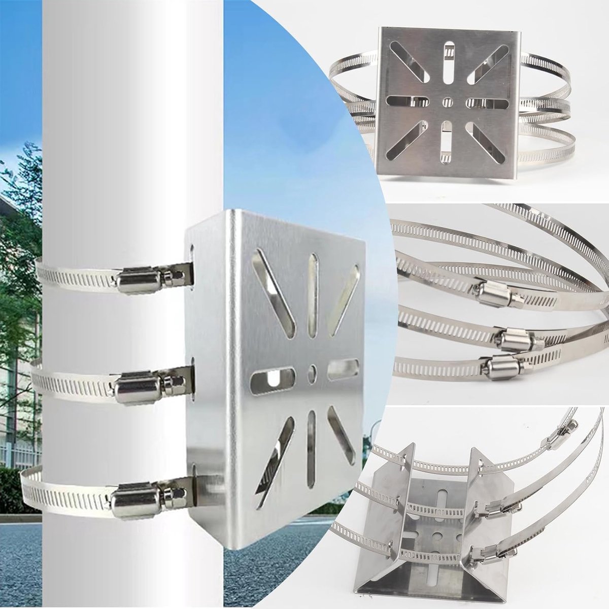 SnelShoppen - Universele Vertikale Paalmontage 2 Sets Beveiligingscamera Beugels RVS Hoekmontage voor Camera's en CCTV Camera's met 6 Verstelbare Ring