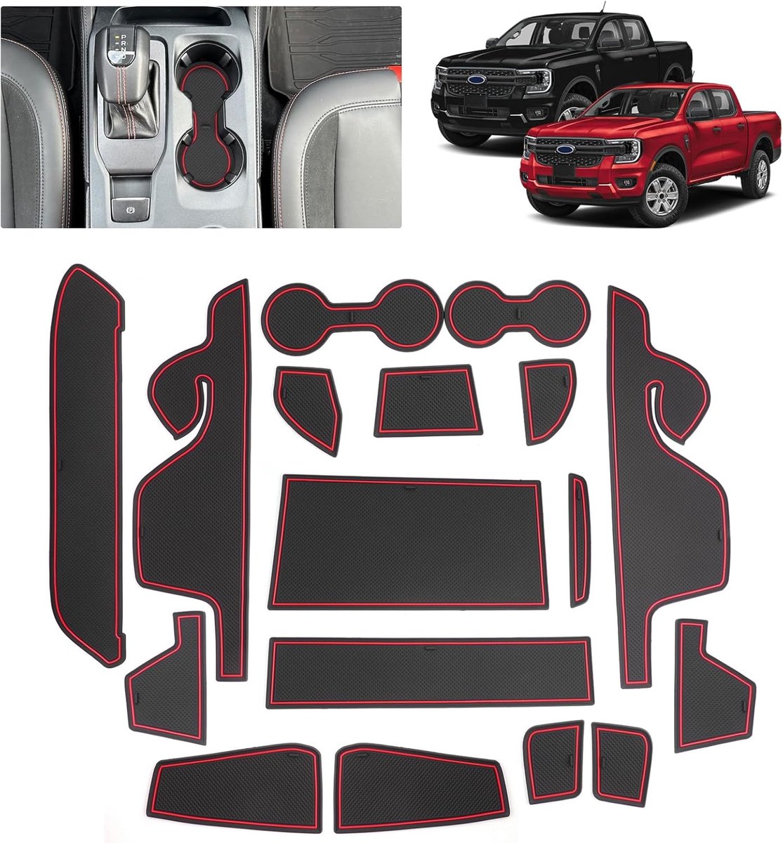 SnelShoppen - Anti-slipmat voor Ford Ranger T9 (2023-2025), Rubber Mat voor Middelste Console, Bekers en Deur Uitsparingen, Geschikt voor Raptor Tremo