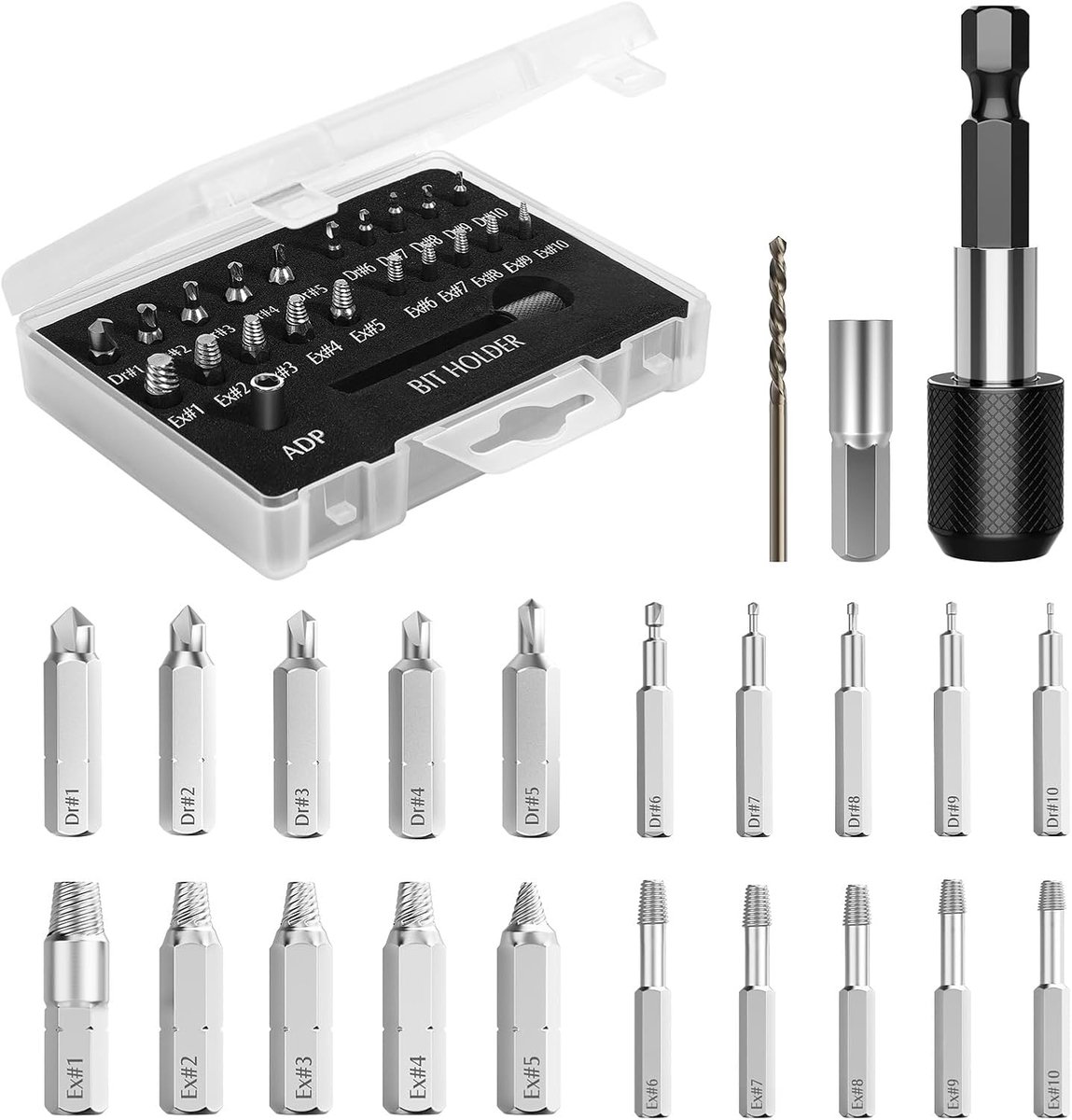 SnelShoppen - Schroevendraaier Set 22 Stuks met Polijstboren en Extractieboor, Gemagnetiseerd voor Beschadigde Schroeven, HSS Snelstaal 4341, Zilver