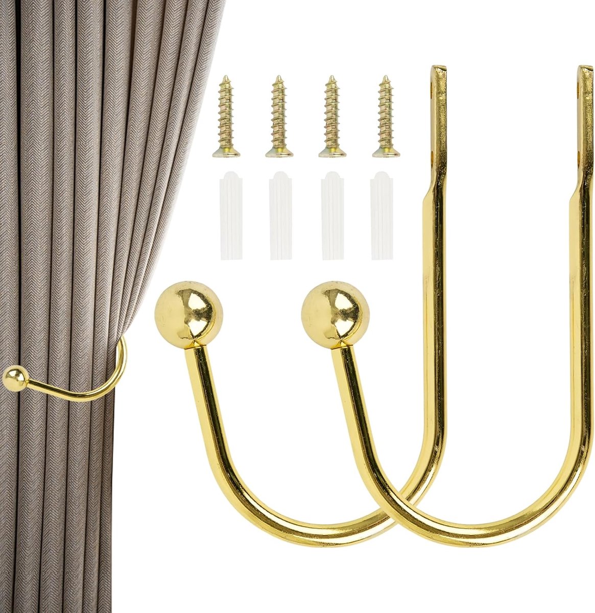 SnelShoppen - 2-delige Embrasses voor Gordijnen met Haakjes - Grijs Zilver Metaal - Moderne Wandhaken voor Woonkamer, Slaapkamer, Kantoor en Gang