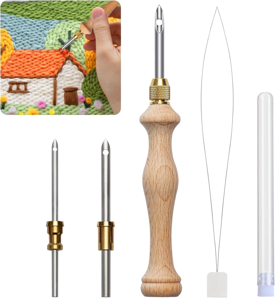 Houten borduurnaalden set 5 mm/3,5 mm/2,5 mm - met handvat - voor punch needle techniek - ideaal voor borduurprojecten - ShopVlot