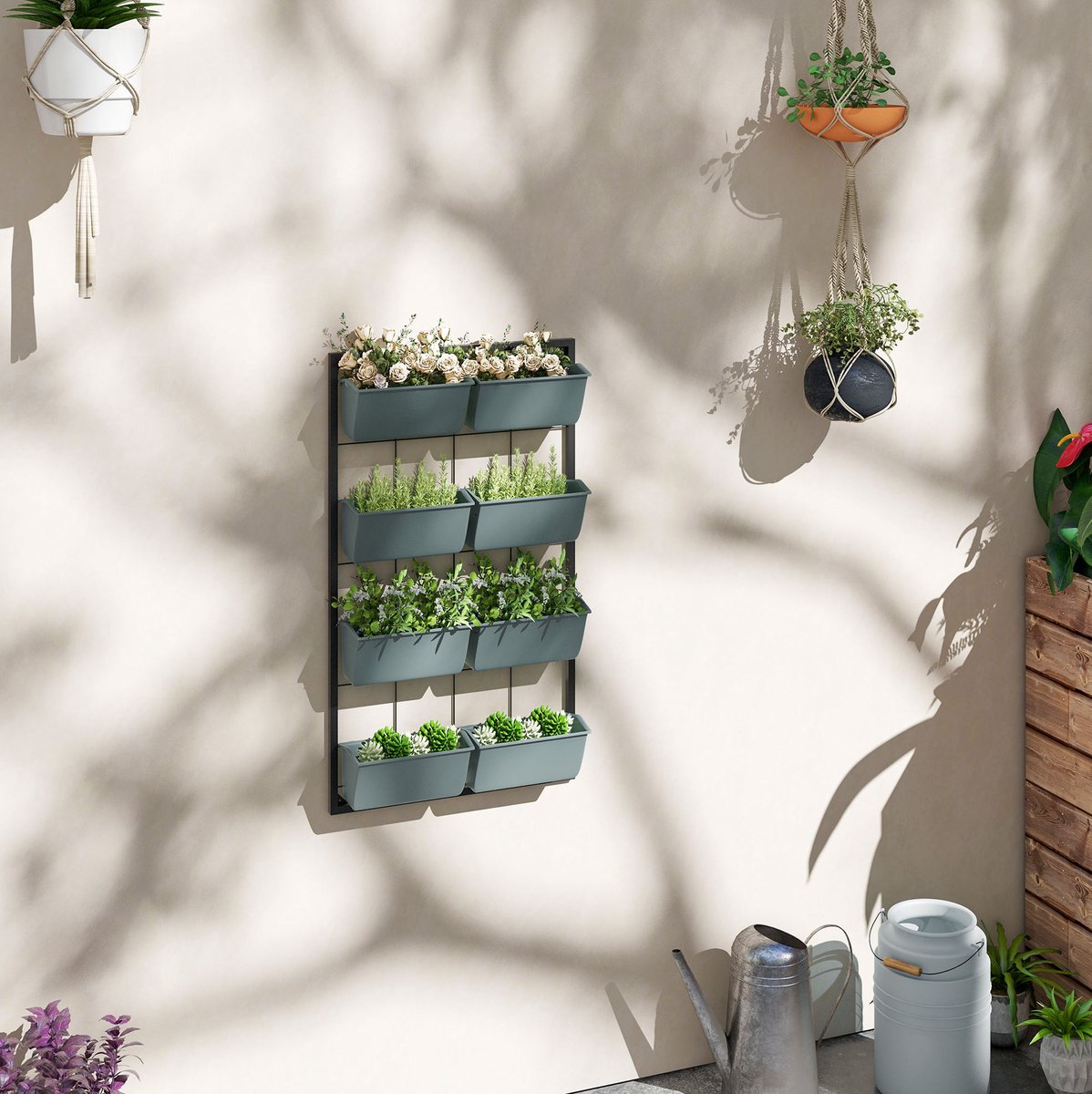 COVREO Plantenrek 52,5 x 14 x 90 cm zwart-groen, staal met 8 plantenbakken