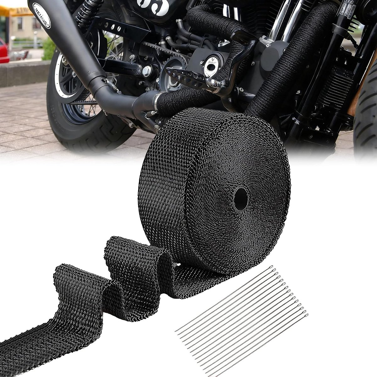 Uitlaat warmtebescherming tape 15 m x 5 cm - hittebestendig met 15 RVS kabelbinders - uitstekende isolatie - ShopVlot