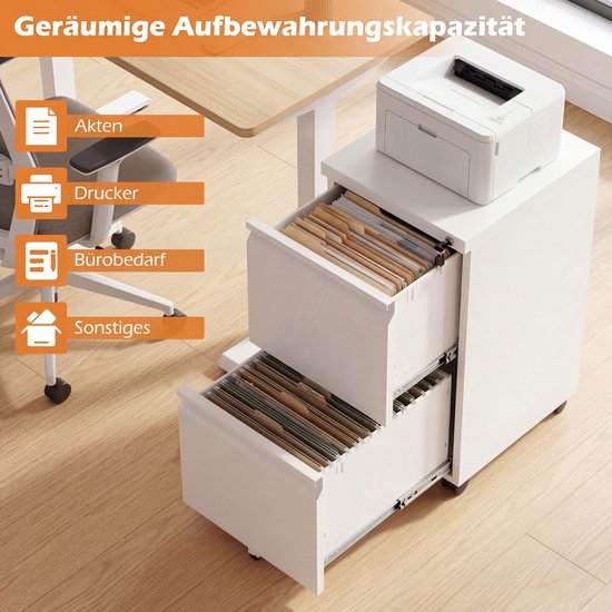 Witte metalen archiefkast met twee open laden vol met documenten en een printer erbovenop. Text in beeld: 'Geräumige Aufbewahrungskapazität', 'Akten', 'Drucker', 'Bürobedarf', 'Sonstiges'.