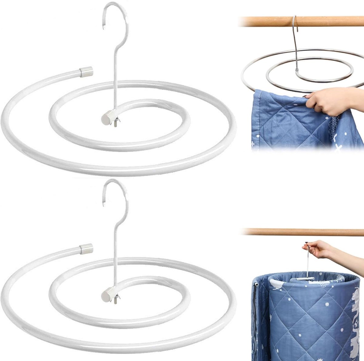 2-stuks Spiraalvormig droogrek voor quilts - Droogrek van roestvrij staal - Spiraalvormige kledinghanger - Droogt kleding snel en neemt weinig ruimte in beslag - 42×15cm - Geschikt voor het drogen van dekbedden, dekens, sjaals, enz - Wit