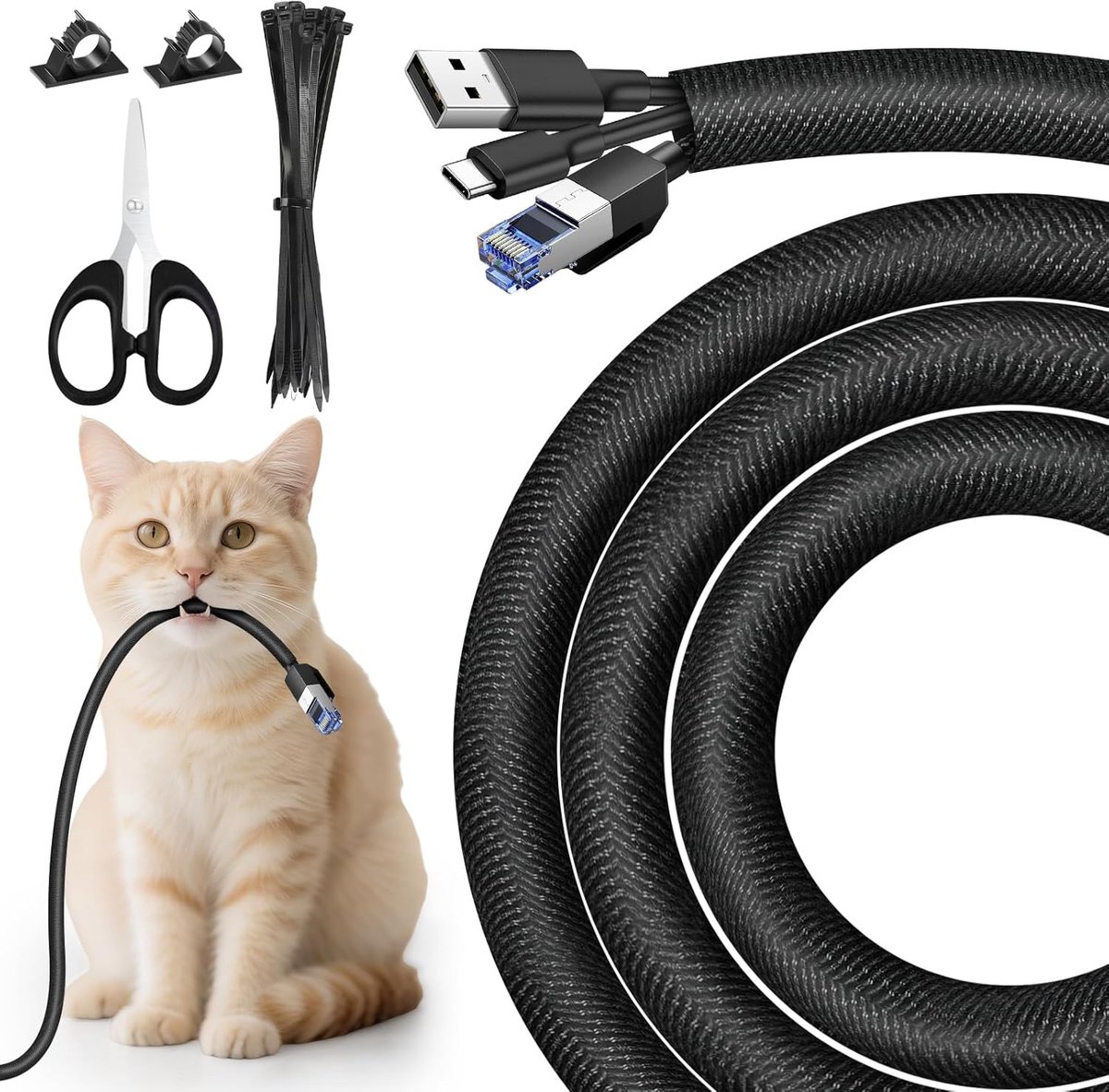 SnelShoppen - 10mm-3m Kabelschuiling, 14Stuks Uitbreidbare Flexibele Kabelsleeve, Zwart, Voor PC, Kantoor, Cinema, Bescherming Tegen Kauwen Door Honde