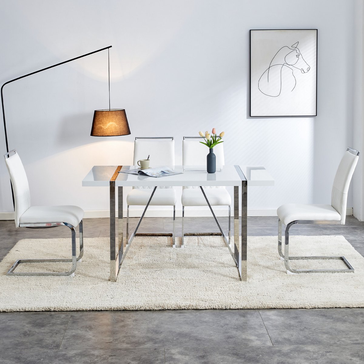 COVREO Eetkamerstoel 42x48x95 cm wit, kunstleer en stof hoge rugleuning