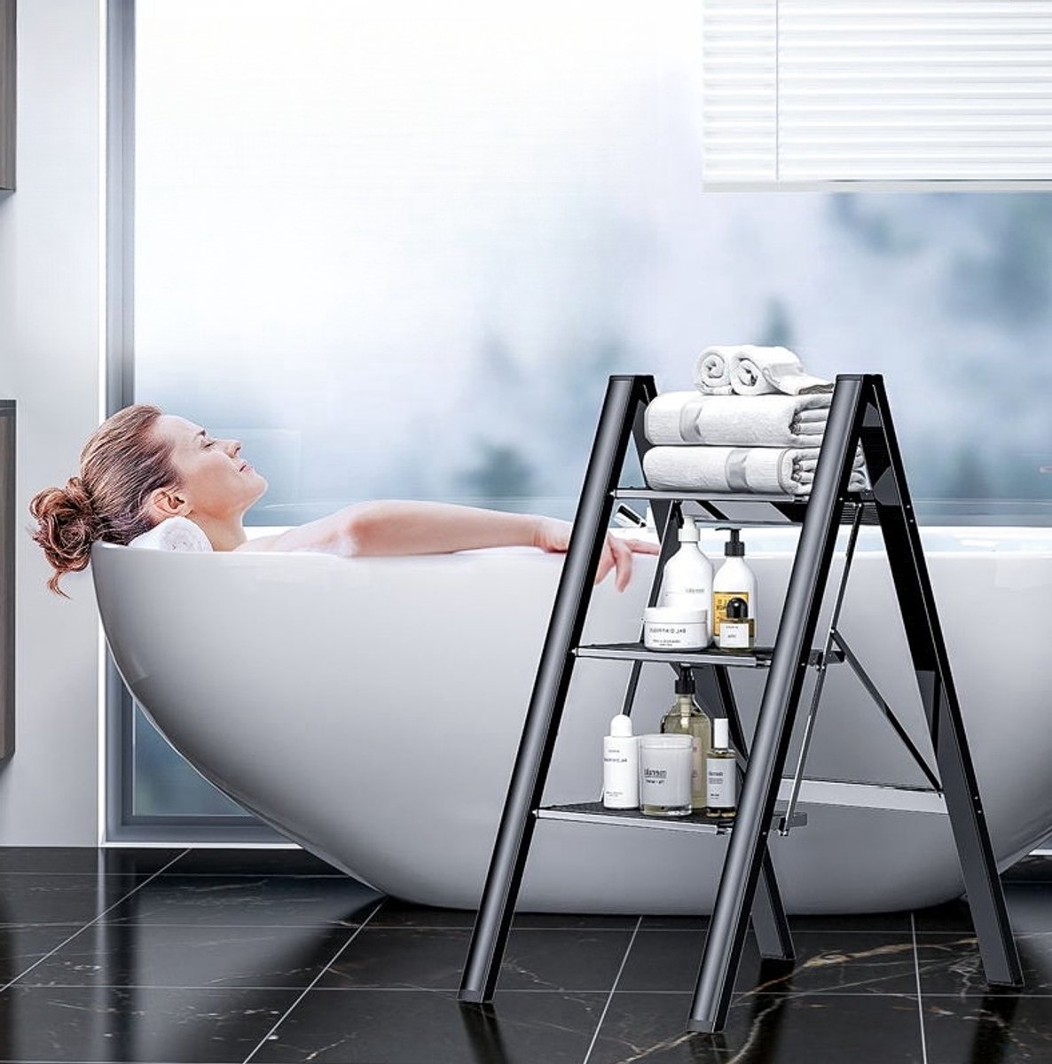 Opvouwbare Trapladder - 3 Treden - Aluminium - Zwart - Antislip Treden - Voor Huishouden en Keuken