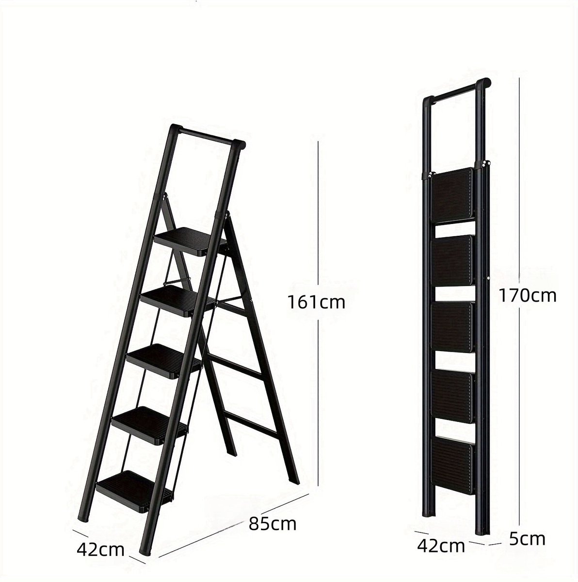 Ladder Vouwladder 5 Treden Anti Slip 161 cm Metaal Zwart Met Handgreep Opvouwbaar Voor Huis En Kantoor