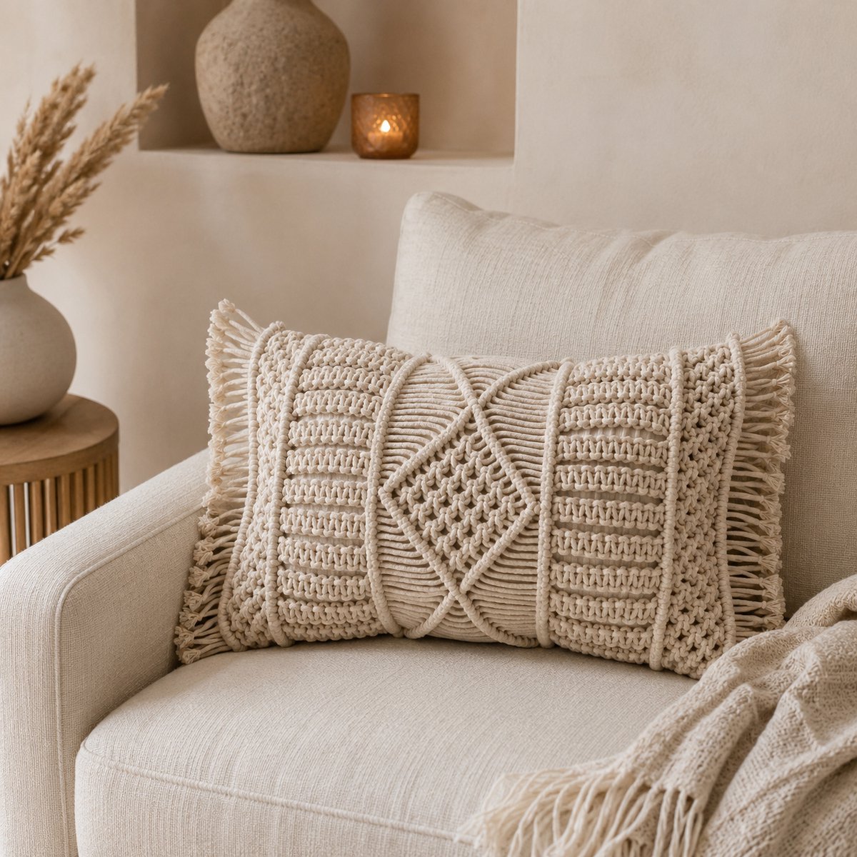 Macralina Sierkussen 30 x 50 cm – Macramé Design – Katoen – Crème