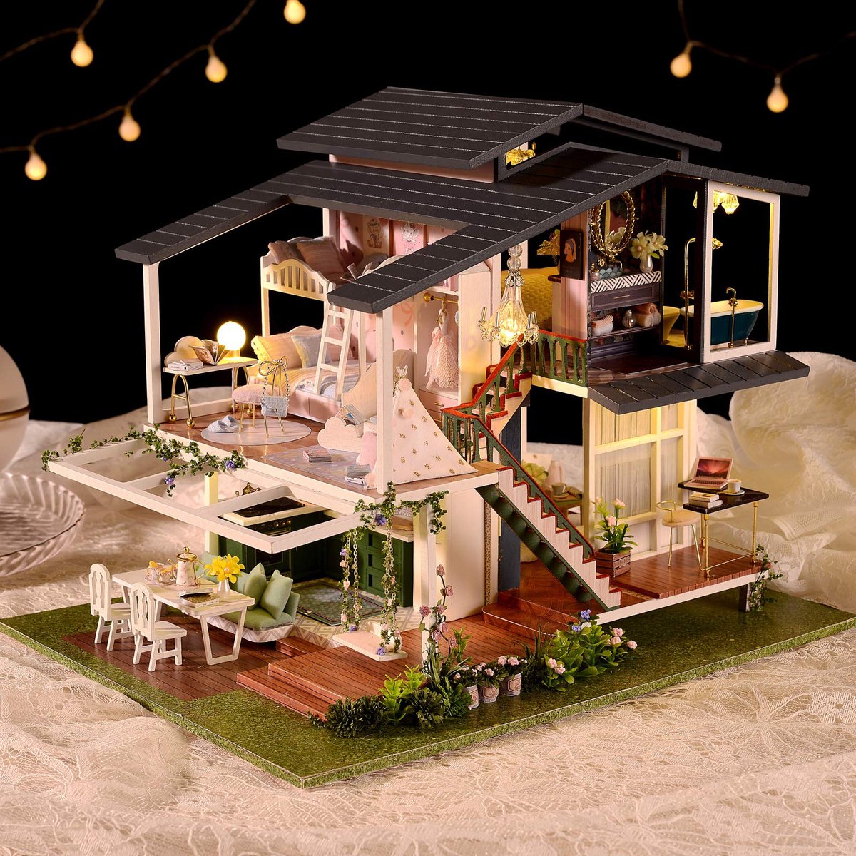 Omgoods - DIY Miniatuur Poppenhuis Kit - Handgemaakte Mini Villa met Muziek en Meubels