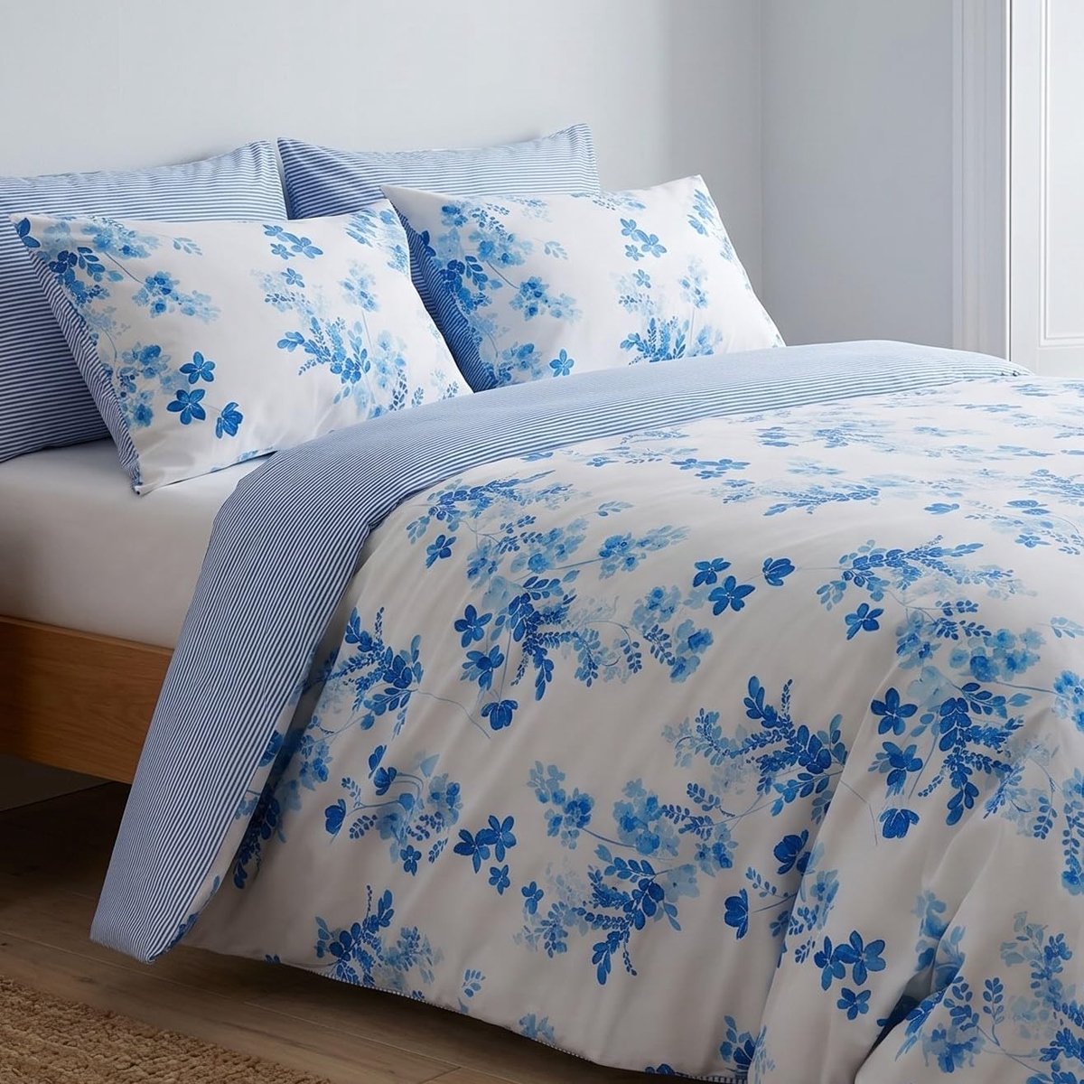 Omgoods - Duvet Cover Set 135x200 cm met Bloemen en Strepen - 100% Katoen