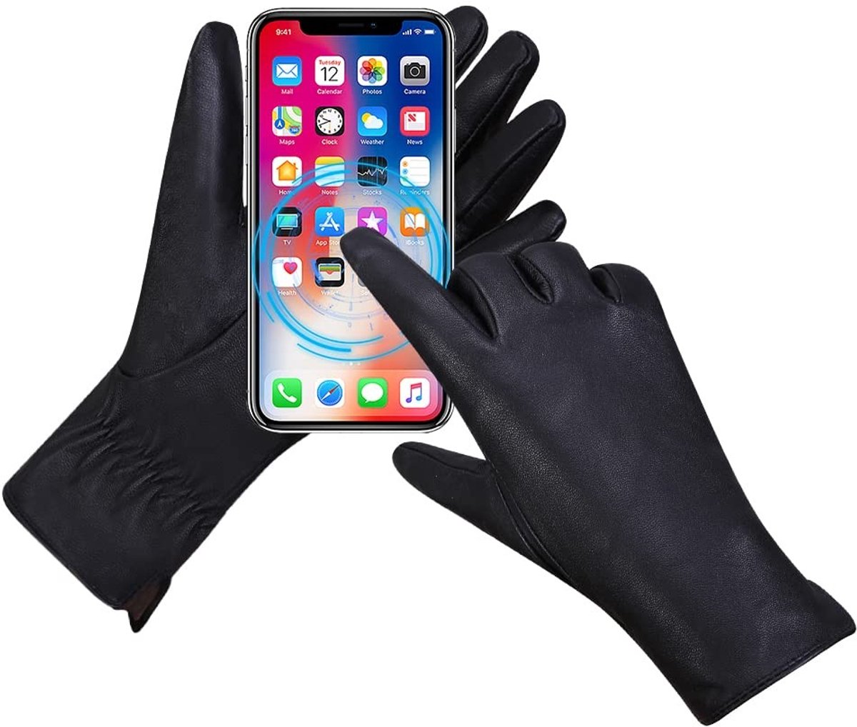 Omgoods - Dames Leren Handschoenen met Cashmere Voering en Touchscreen, M, Zwart