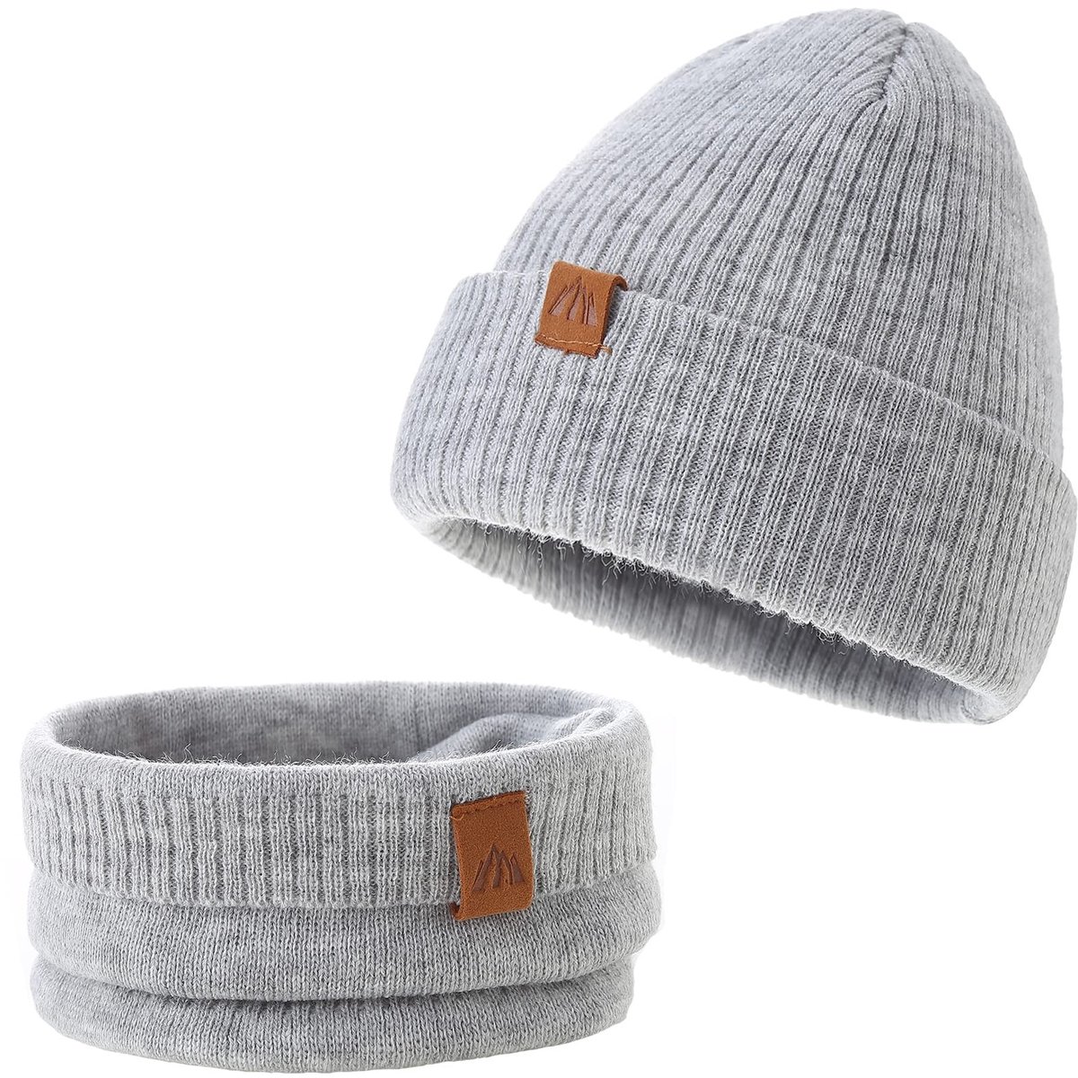 Omgoods - Gebreide Winterbeanie voor Jongens met Sjaal in Lichtgrijs