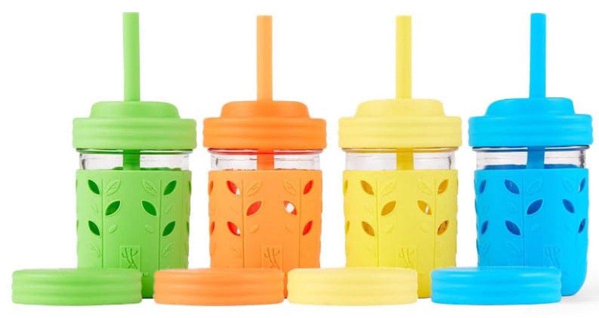 Omgoods - Glazen Mason Jars voor Kinderen met Silicone Hoezen en Rietjes