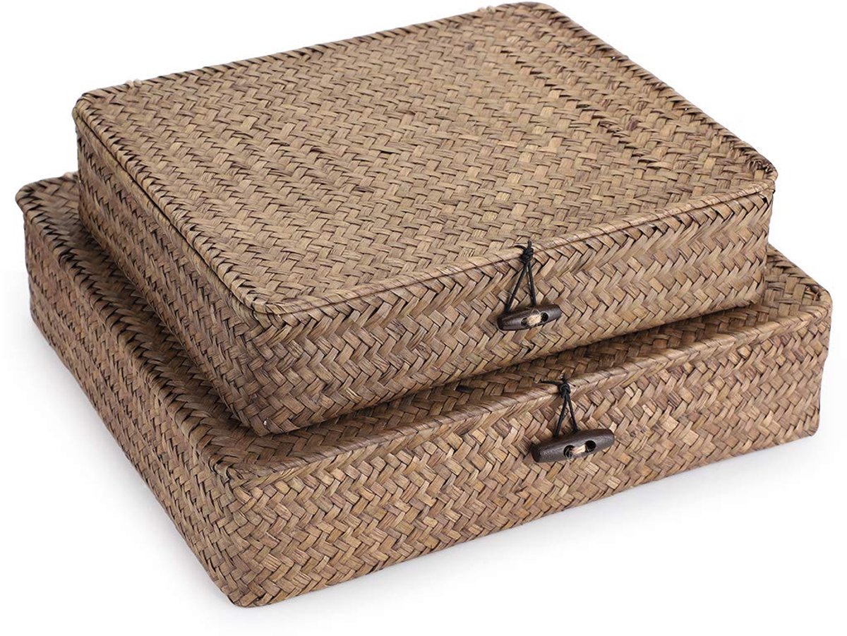 Omgoods - Set van 2 Vlechtwerk Opbergmanden met Deksel, Natuurlijk Zeegras, Multifunctionele Organizers
