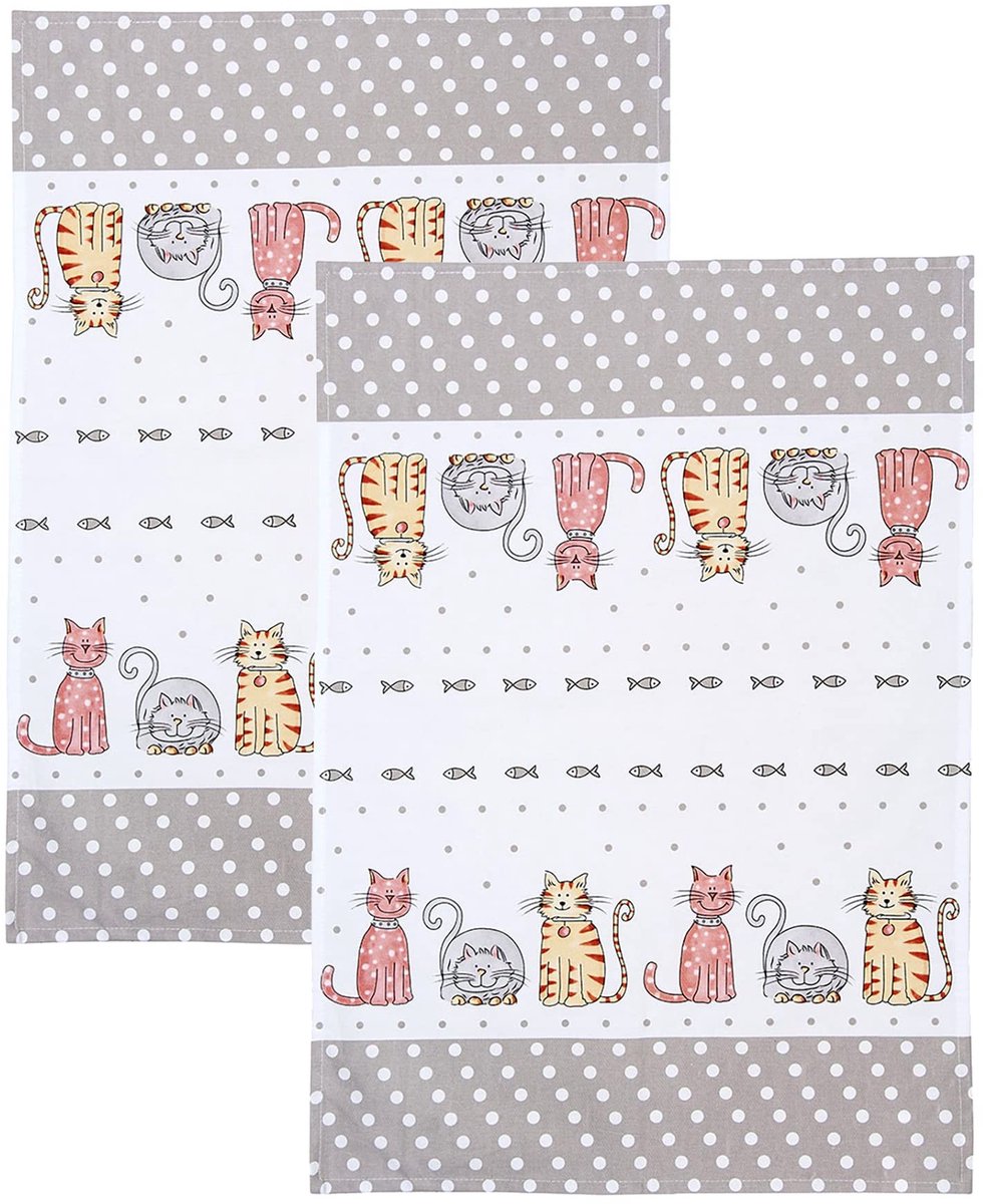 Omgoods - Theedoeken Set van 2 met Schattige Katten Print