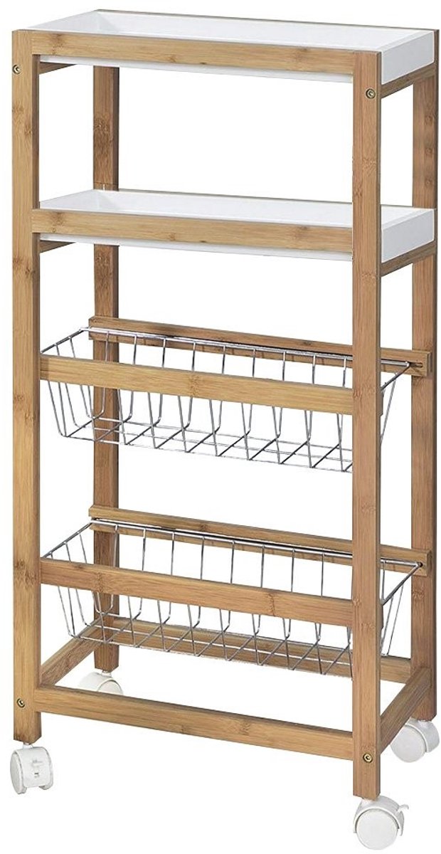 Omgoods - Multifunctionele Keuken Trolley van Bamboe met 2 Verwijderbare Dienbladen