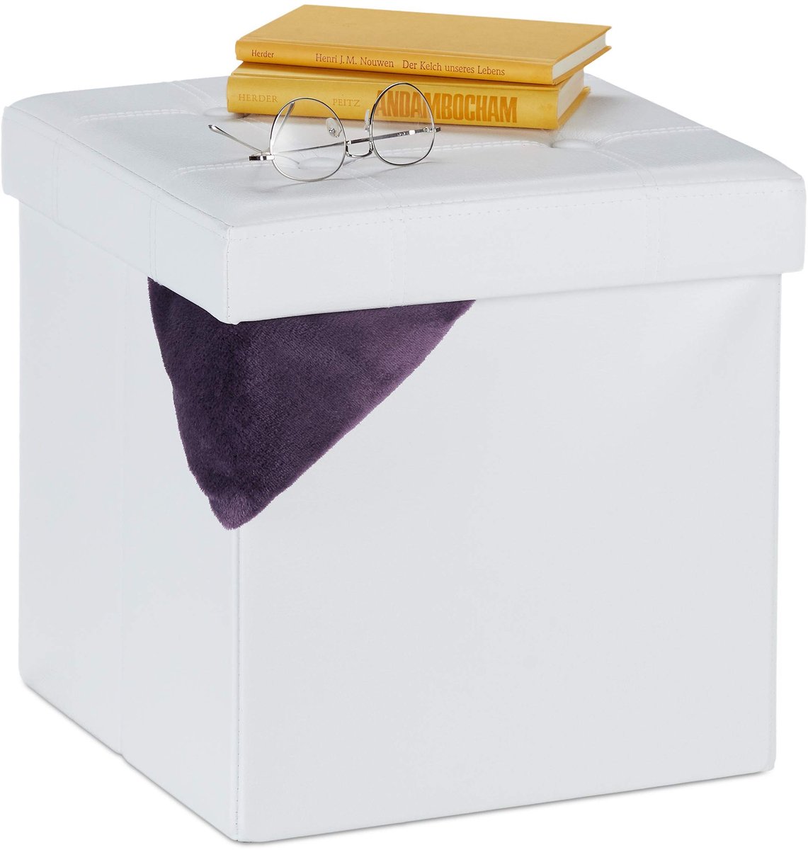 Omgoods - Vouwbare Hocker met Opbergruimte, Kunstleer, Wit