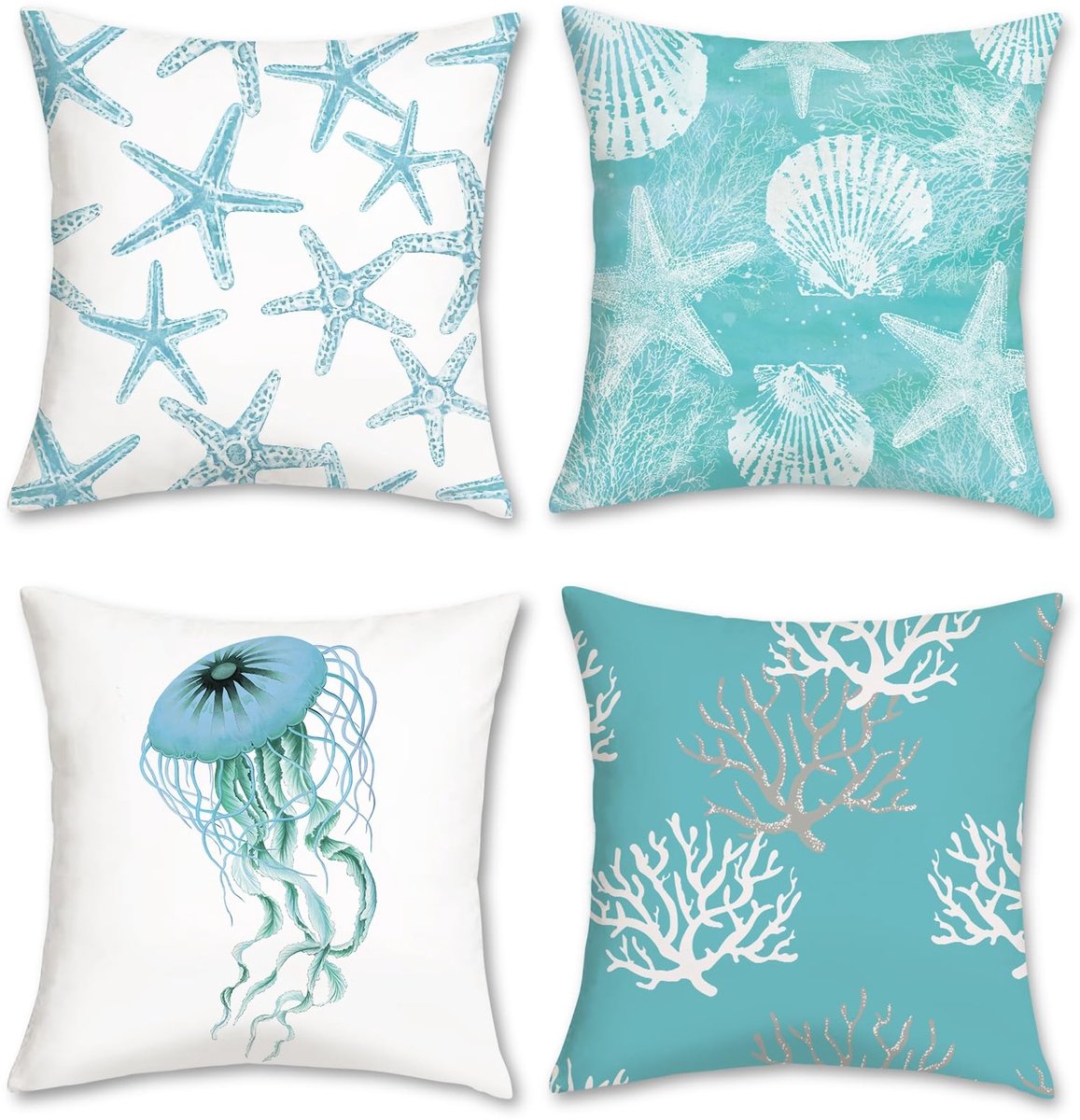 Omgoods - Set van 4 Fluweelzachte Kussenhoezen - 45x45 cm - Oceaan Sterrenbeeld & Schelp - Dubbelzijdig Blauw