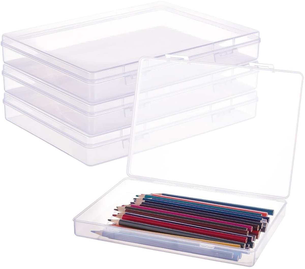 Omgoods- Opbergdozen 4 stuks - Rechthoekig - Doorzichtig kunststof - Opklapbare deksels - Voor notitieboeken/pennen - Afmetingen 22,5 x 16,5 x 3,3 cm - Opbergbox