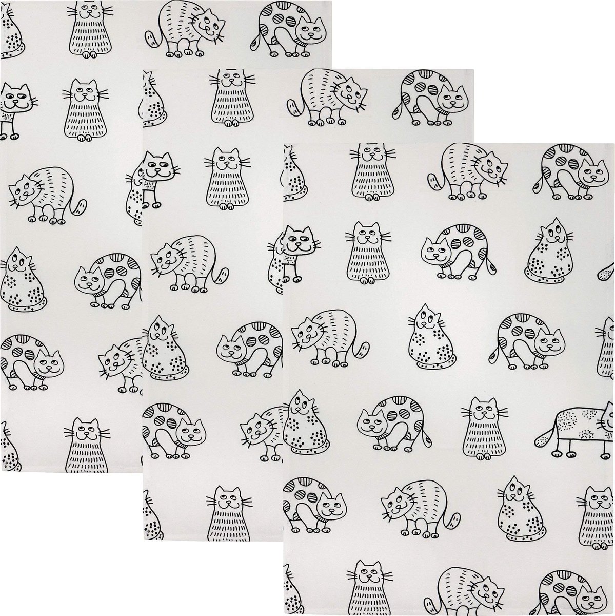 Omgoods - Set van 3 Theedoeken Half Linnen - Kattenmotief - 50x70 cm - Beige