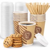 100 x Koffiebeker 8oz 240 ml bruin en wit + witte deksels en Roerstaafjes - wegwerp papieren bekers karton kraft – drank bekers – drinkbekers- koffie beker – wegwerpbeker – Koffiekopjes – Koffiemokken - Warme en Koude Dranken