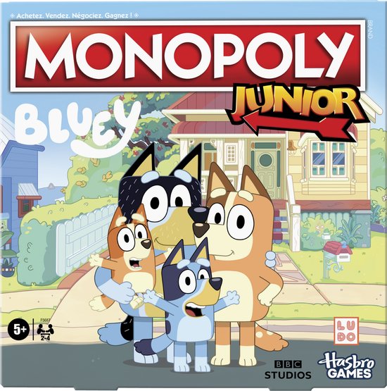 Voorzijde van de Monopoly Junior Bluey speldoos met de familie op de verpakking.