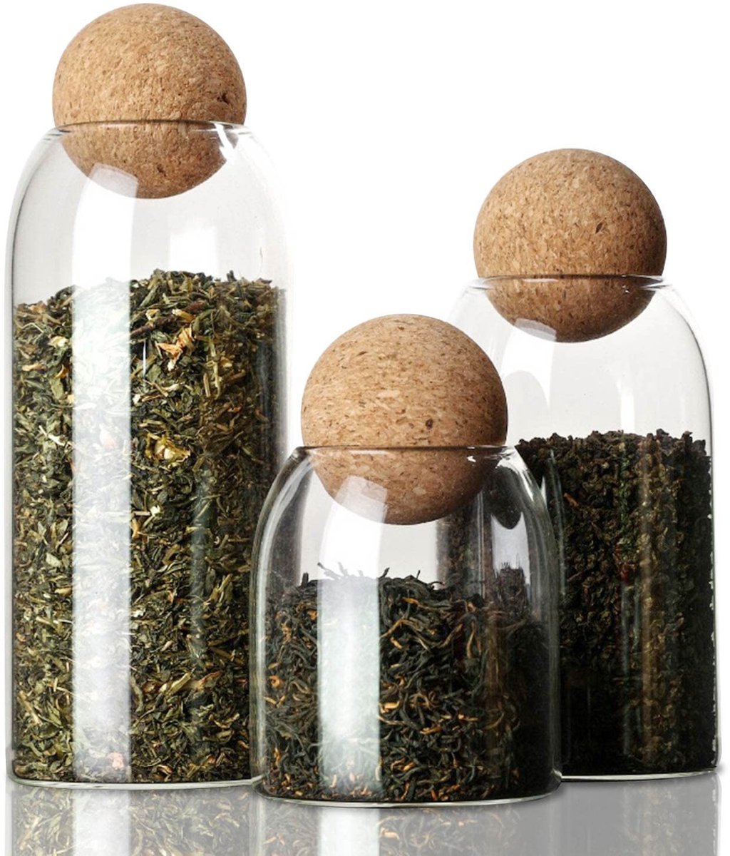 Omgoods - Set van 3 Glazen Opbergpotten met Kurk 550ml