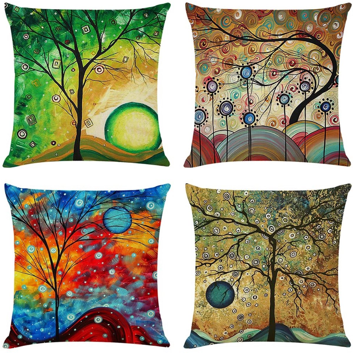 Omgoods - Set van 4 Kussenslopen met Kleurrijk Boomontwerp 45 x 45 cm