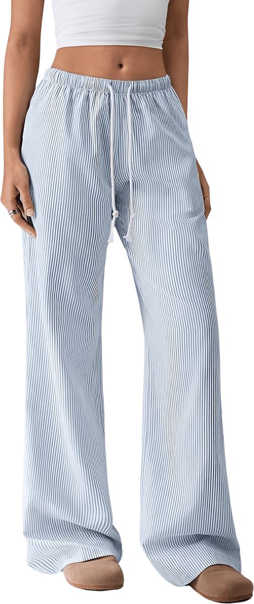 Currero Gestreepte Broek Dames and Striped Pants Yacht Club Linnen Broek Zomerbroek Volwassenen Lange Broek Strandbroek Lichtblauw