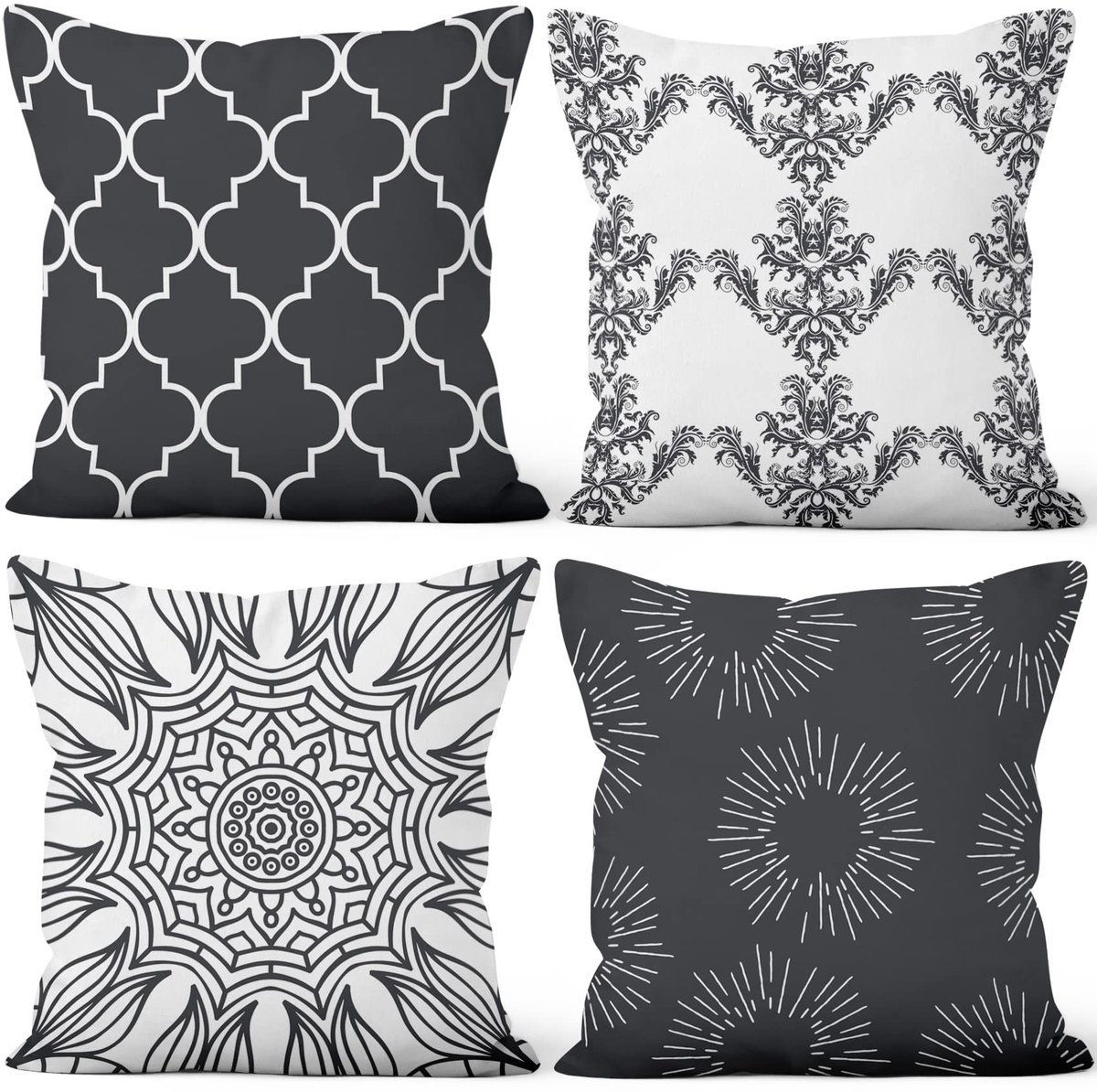 Omgoods - Set van 4 Kussenslopen met Zwart-Wit Bloemenpatroon