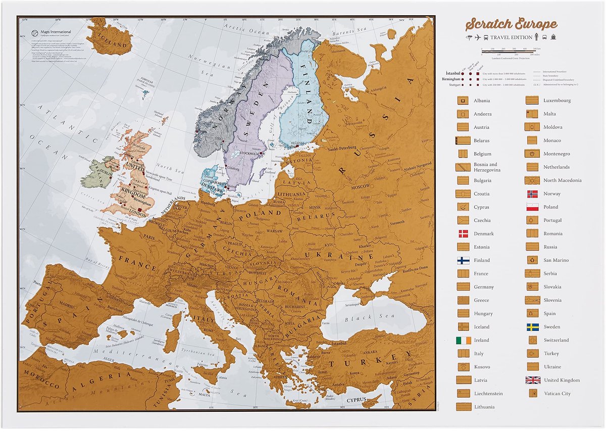 Omgoods- Kraskaart Europa - Gedetailleerde Cartografie - 42 x 29.7 cm - Geschenkverpakking - Uniek Cadeau - Hoogwaardig Zijdepapier - Reiskaart
